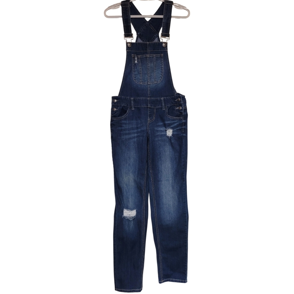 Blue Spice Dark Wash Womens Denim Overalls Size 3 Tapered Leg, Button Sides